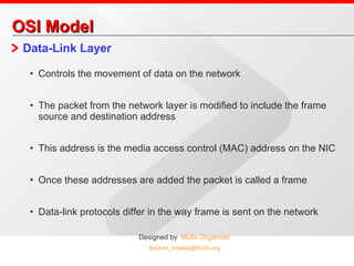 OSI Model Data-Link Layer Controls the movement of data on the network The packet from the network layer is modified to include the frame source and destination address This address is the media access control (MAC) address on the NIC Once these addresses are added the packet is called a frame Data-link protocols differ in the way frame is sent on the network 