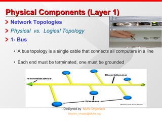 Physical Components (Layer 1) Network Topologies Physical  vs.  Logical Topology 1- Bus A bus topology is a single cable that connects all computers in a line Each end must be terminated, one must be grounded 
