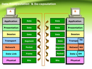 Segment
Packet
Frame
A B
Packet
Data
Data
Data
Bits
Data
Segment
Data Encapsulation & De-capsulation
Packet
Data
Data
Data
ApplicationApplication
PresentationPresentation
SessionSession
TransportTransport
NetworkNetwork
Data LinkData Link
PhysicalPhysical
ApplicationApplication
PresentationPresentation
SessionSession
TransportTransport
NetworkNetwork
Data LinkData Link
PhysicalPhysicalBits
DH DT
NH
THSegment
Packet
DT PacketDH DTDH
NH Segment NH
TH Data
TH
Frame Packet
 