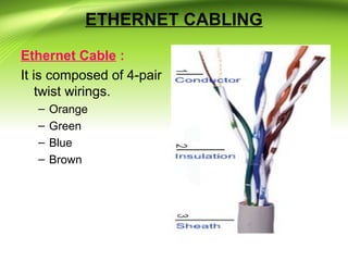 ETHERNET CABLING
Ethernet Cable :
It is composed of 4-pair
twist wirings.
– Orange
– Green
– Blue
– Brown
 