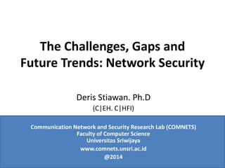 The Challenges, Gaps and
Future Trends: Network Security
Deris Stiawan. Ph.D
(C|EH. C|HFI)
Communication Network and Security Research Lab (COMNETS)
Faculty of Computer Science
Universitas Sriwijaya
www.comnets.unsri.ac.id
@2014
 