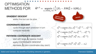 Francesco GadaletaSelect and Connect: the benefits of building networks in genetics
OPTIMISATION
METHODS FOR
GRADIENT DESCENT
works ﬁne but can be slow
COORDINATE DESCENT
cycle through each predictor in turn
compute residuals
convex ANDdifferentiable
convex
PATHWISE COORDINATE DESCENT
start with large (sparse model)
apply COORDINATE DESCENT
decrease (zero coordinates stay zero!)
 
