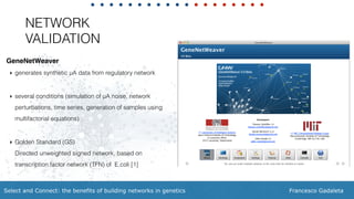 Francesco GadaletaSelect and Connect: the benefits of building networks in genetics
NETWORK
VALIDATION
GeneNetWeaver
‣ generates synthetic μA data from regulatory network 
‣ several conditions (simulation of μA noise, network
perturbations, time series, generation of samples using
multifactorial equations) 
‣ Golden Standard (GS)  
Directed unweighted signed network, based on
transcription factor network (TFN) of E.coli [1]
 