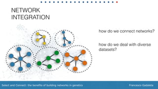 Francesco GadaletaSelect and Connect: the benefits of building networks in genetics
NETWORK
INTEGRATION
how do we connect networks?
how do we deal with diverse  
datasets?
 