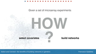 Francesco GadaletaSelect and Connect: the benefits of building networks in genetics
Given a set of microarray experiments
HOW
select covariates build networks
?
 