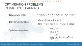 Francesco GadaletaSelect and Connect: the benefits of building networks in genetics
OPTIMISATION PROBLEMS
IN MACHINE LEARNING
Def. convex set X
Def. convex function
Optimisation problem
 