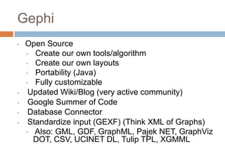 Gephi
• Open Source
• Create our own tools/algorithm
• Create our own layouts
• Portability (Java)
• Fully customizable
• Updated Wiki/Blog (very active community)
• Google Summer of Code
• Database Connector
• Standardize input (GEXF) (Think XML of Graphs)
• Also: GML, GDF, GraphML, Pajek NET, GraphViz
DOT, CSV, UCINET DL, Tulip TPL, XGMML
 