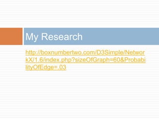 http://boxnumbertwo.com/D3Simple/Networ
kX/1.6/index.php?sizeOfGraph=60&Probabi
lityOfEdge=.03
My Research
 