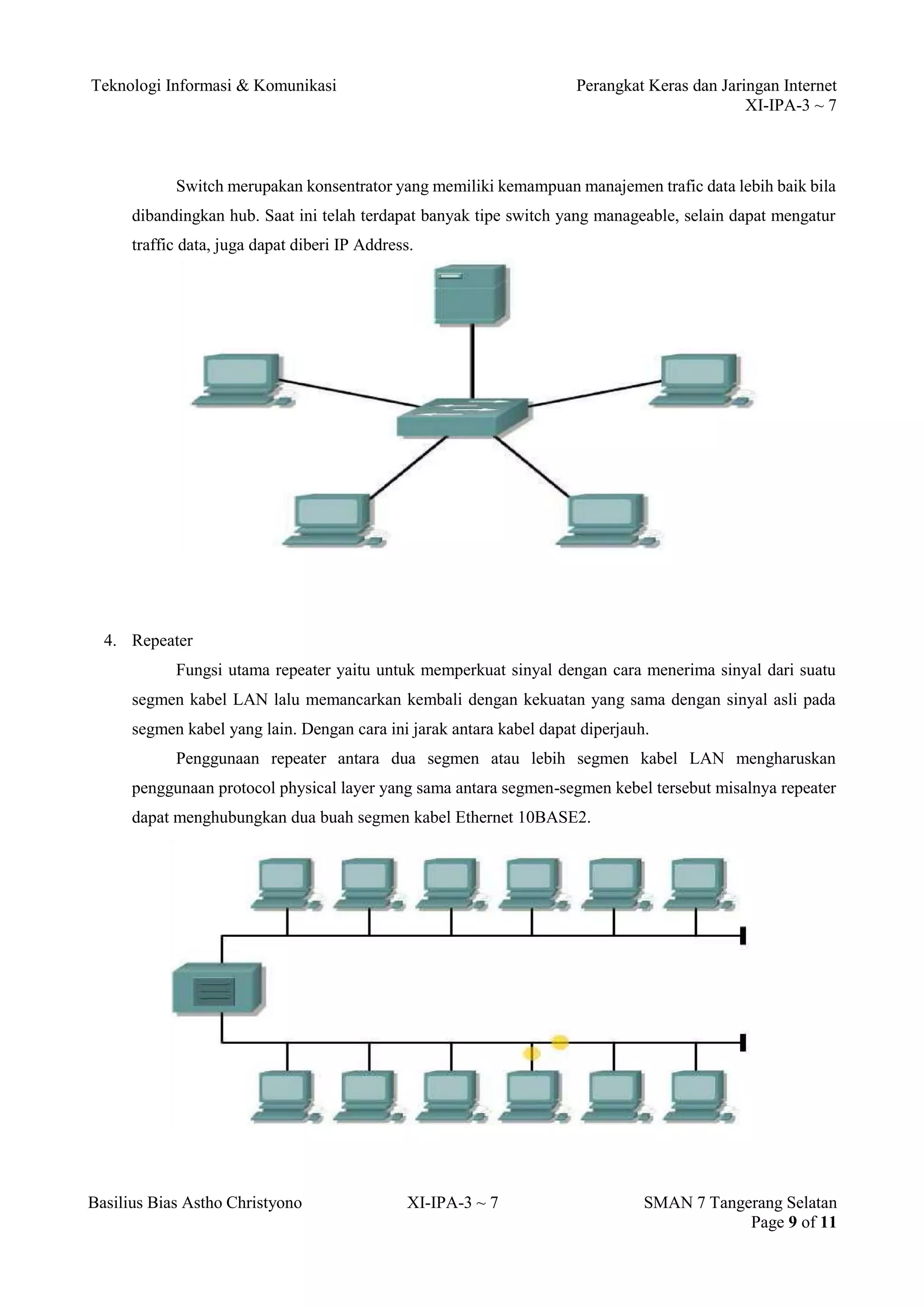 Teknologi Informasi & Komunikasi Perangkat Keras dan Jaringan Internet 
XI-IPA-3 ~ 7 
Basilius Bias Astho Christyono XI-IPA-3 ~ 7 SMAN 7 Tangerang Selatan 
Page 9 of 11 
Switch merupakan konsentrator yang memiliki kemampuan manajemen trafic data lebih baik bila dibandingkan hub. Saat ini telah terdapat banyak tipe switch yang manageable, selain dapat mengatur traffic data, juga dapat diberi IP Address. 
4. Repeater 
Fungsi utama repeater yaitu untuk memperkuat sinyal dengan cara menerima sinyal dari suatu segmen kabel LAN lalu memancarkan kembali dengan kekuatan yang sama dengan sinyal asli pada segmen kabel yang lain. Dengan cara ini jarak antara kabel dapat diperjauh. 
Penggunaan repeater antara dua segmen atau lebih segmen kabel LAN mengharuskan penggunaan protocol physical layer yang sama antara segmen-segmen kebel tersebut misalnya repeater dapat menghubungkan dua buah segmen kabel Ethernet 10BASE2. 
 