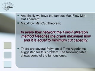    And finally we have the famous Max-Flow Min-
    Cut Theorem:
   Max-Flow Min-Cut Theorem:

    In every flow network the Ford-Fulkerson
     method Reaches the graph maximum flow
      and it is equal to minimum cut capacity.

   There are several Polynomial Time Algorithms
    suggested for this problem. The following table
    shows some of the famous ones.
 