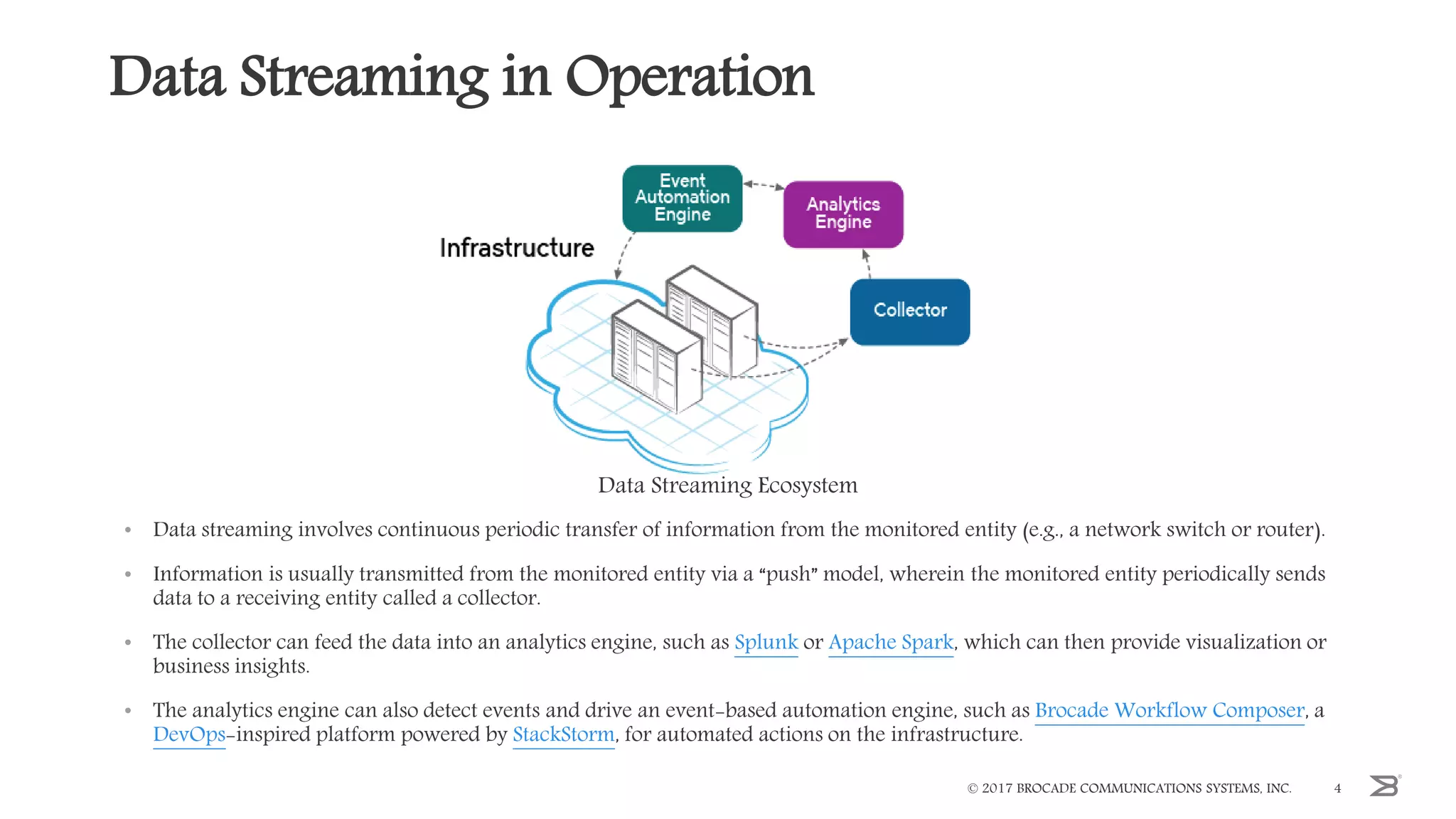 Data Streaming in Operation
• Data streaming involves continuous periodic transfer of information from the monitored entity (e.g., a network switch or router).
• Information is usually transmitted from the monitored entity via a “push” model, wherein the monitored entity periodically sends
data to a receiving entity called a collector.
• The collector can feed the data into an analytics engine, such as Splunk or Apache Spark, which can then provide visualization or
business insights.
• The analytics engine can also detect events and drive an event-based automation engine, such as Brocade Workflow Composer, a
DevOps-inspired platform powered by StackStorm, for automated actions on the infrastructure.
© 2017 BROCADE COMMUNICATIONS SYSTEMS, INC. 4
Data Streaming Ecosystem