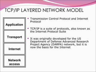TCP/IP LAYERED NETWORK MODEL Transmission Control Protocol and Internet Protocol TCP/IP is a suite of protocols, also known as the Internet Protocol Suite It was originally developed for the US Department of Defense Advanced Research Project Agency (DARPA) network, but it is now the basis for the Internet  Application Transport Internet Network access 