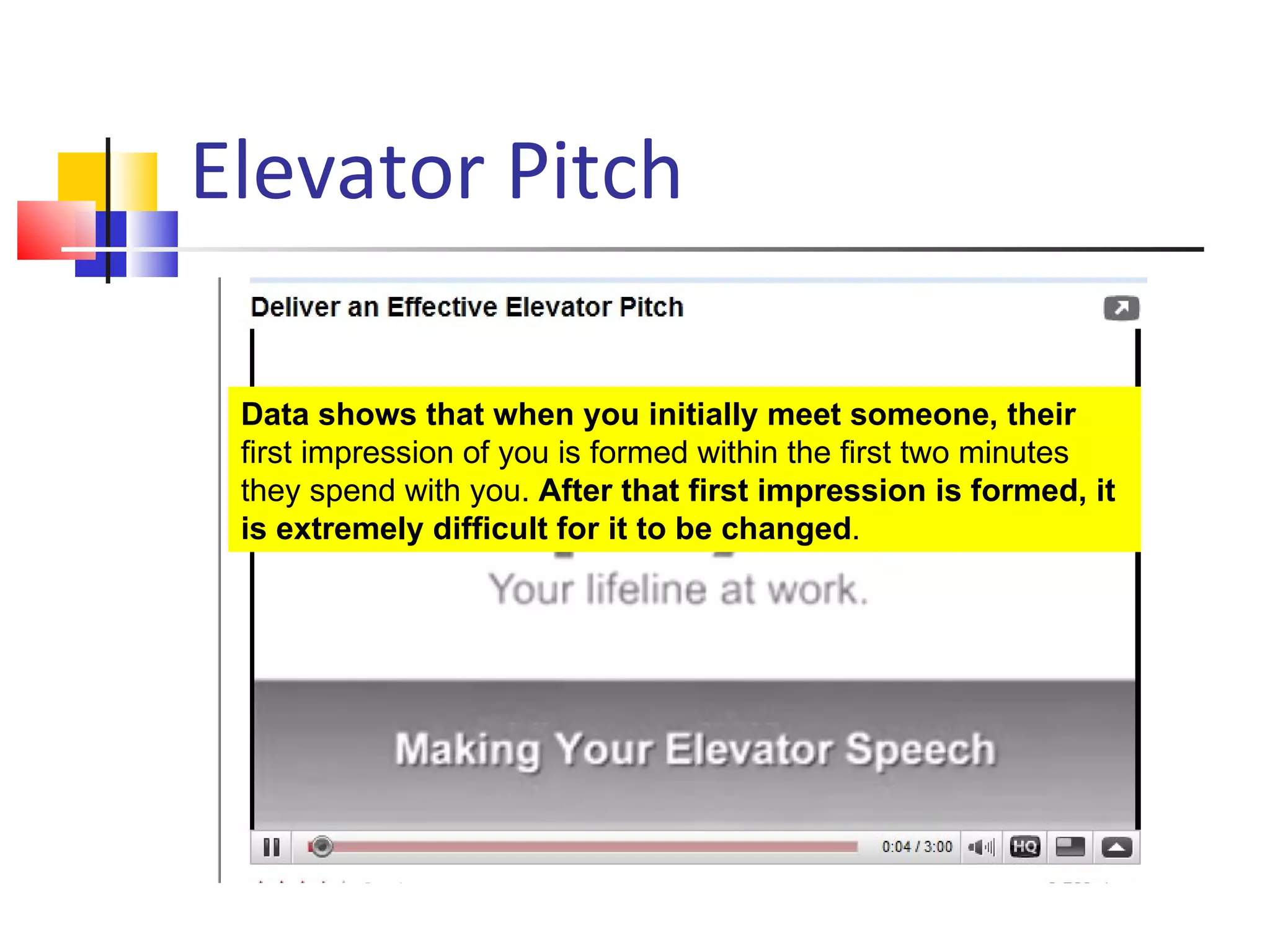   Elevator Pitch Data shows that when you initially meet someone, their  first impression of you is formed within the first two minutes they spend with you.  After that first impression is formed, it is extremely difficult for it to be changed .  
