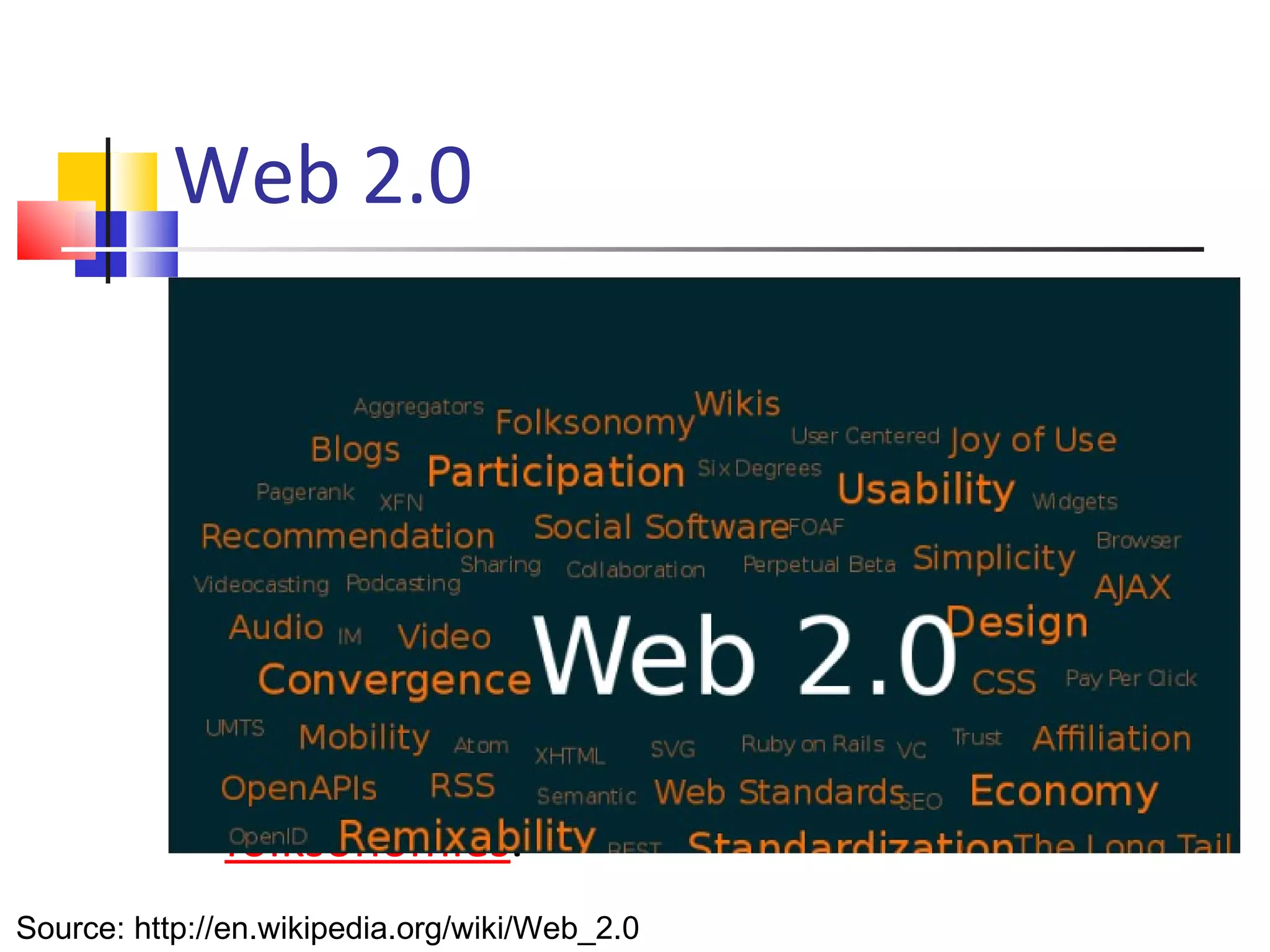 &quot; Web 2.0 &quot; refers to what is perceived as a second  generation  of  web development  and  web design . It has led to the development and evolution of web-based communities,  hosted services , and  web applications . Examples include  social-networking sites ,  video-sharing sites ,  wikis ,  blogs ,  mashups  and  folksonomies .  Web 2.0 Source:  http://en.wikipedia.org/wiki/Web_2.0 