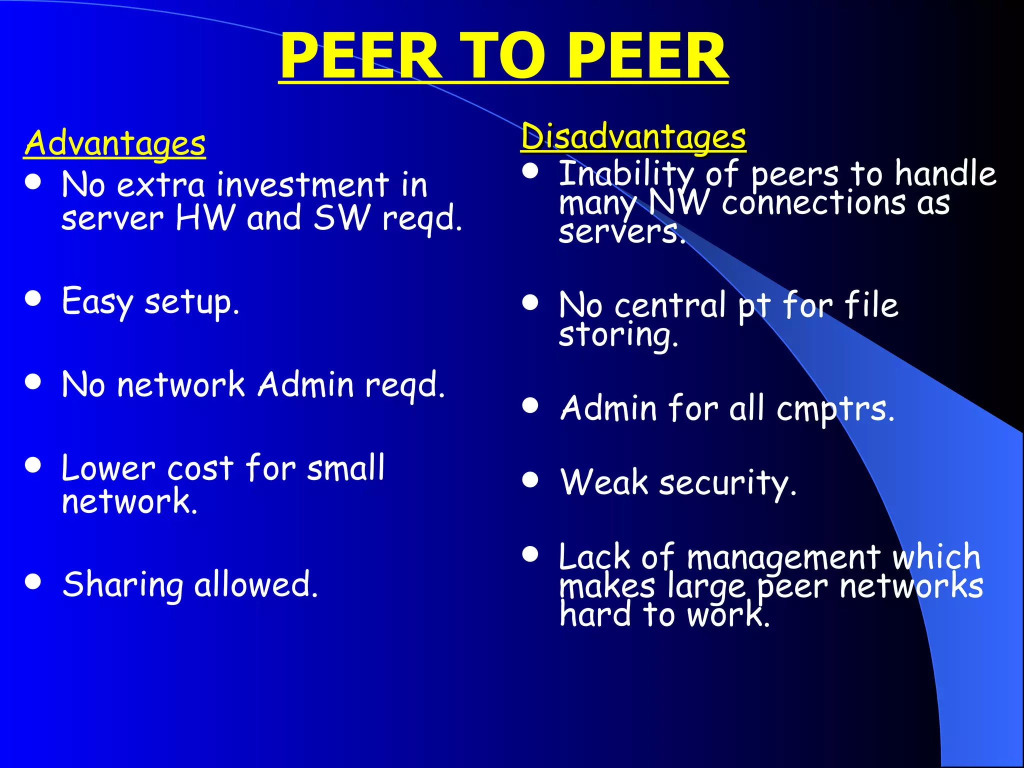 PEER TO PEER   Advantages No extra investment in server HW and SW reqd. Easy setup. No network Admin reqd. Lower cost for small network. Sharing allowed. Disadvantages Inability of peers to handle many NW connections as servers. No central pt for file storing. Admin for all cmptrs. Weak security. Lack of management which makes large peer networks hard to work. 