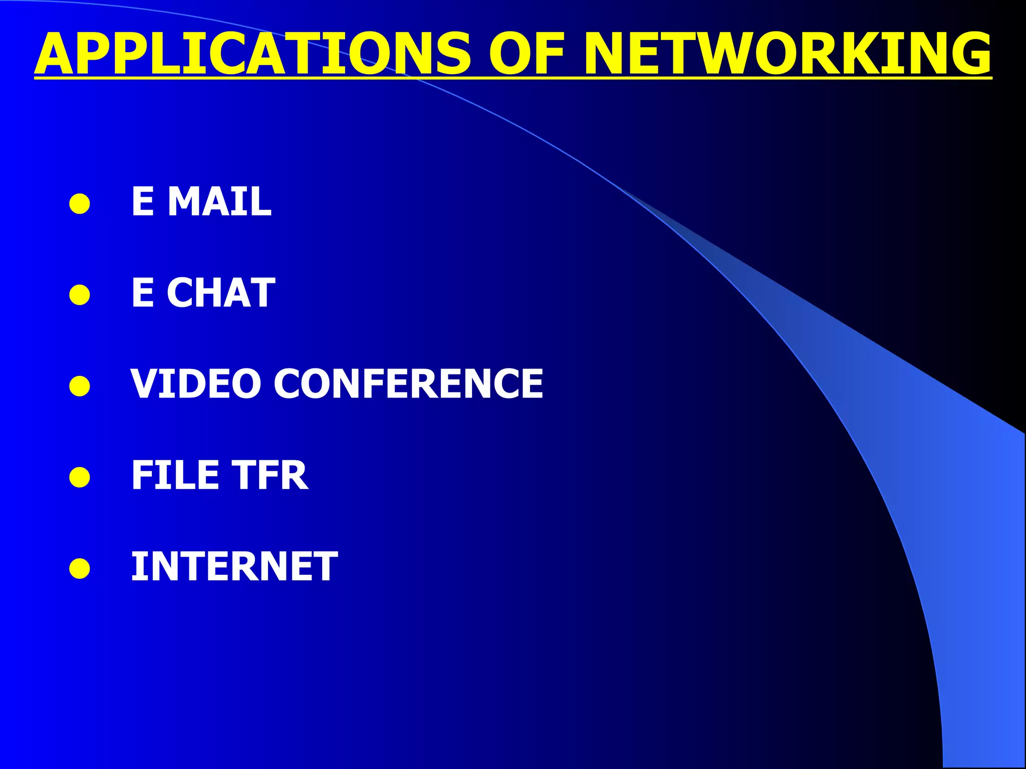 APPLICATIONS OF NETWORKING E MAIL E CHAT VIDEO CONFERENCE FILE TFR INTERNET 