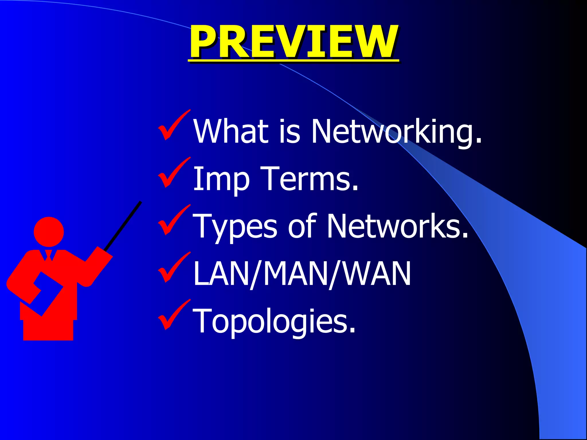 PREVIEW What is Networking. Imp Terms. Types of Networks. LAN/MAN/WAN Topologies. 