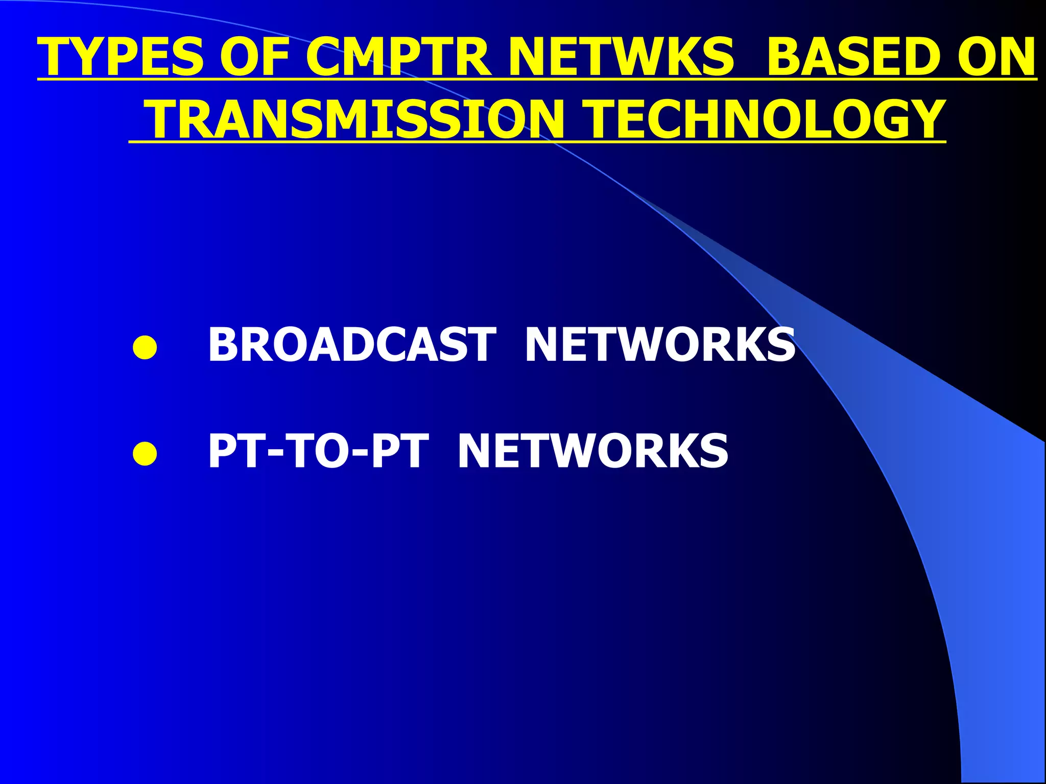 TYPES OF CMPTR NETWKS  BASED ON TRANSMISSION TECHNOLOGY BROADCAST  NETWORKS PT-TO-PT  NETWORKS 