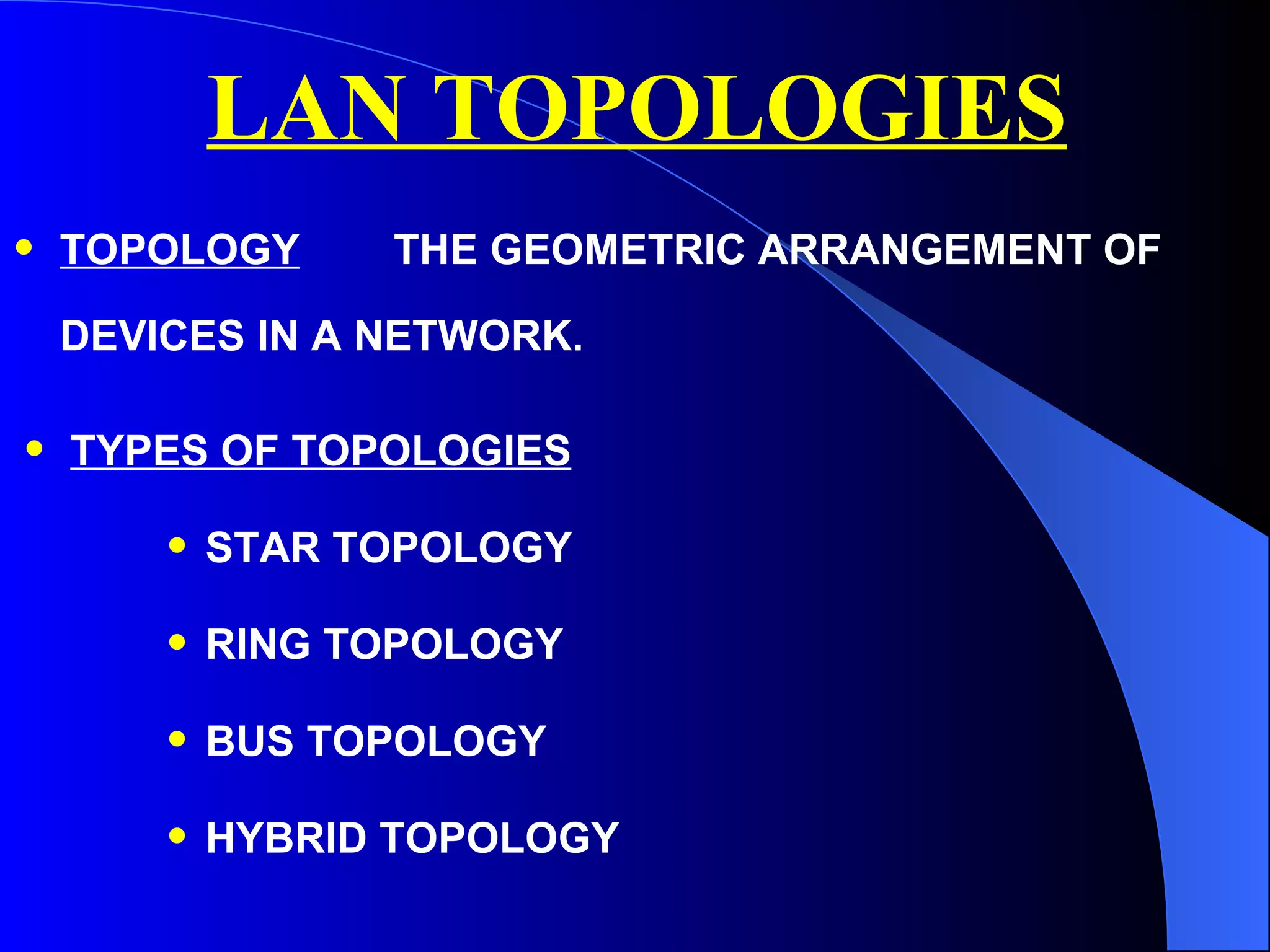 LAN TOPOLOGIES TOPOLOGY THE GEOMETRIC ARRANGEMENT OF DEVICES IN A NETWORK. TYPES OF TOPOLOGIES STAR TOPOLOGY RING TOPOLOGY BUS TOPOLOGY HYBRID TOPOLOGY 