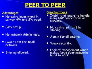 PEER TO PEER   Advantages No extra investment in server HW and SW reqd. Easy setup. No network Admin reqd. Lower cost for small network. Sharing allowed. Disadvantages Inability of peers to handle many NW connections as servers. No central pt for file storing. Admin for all cmptrs. Weak security. Lack of management which makes large peer networks hard to work. 