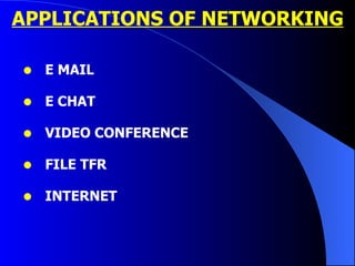 APPLICATIONS OF NETWORKING E MAIL E CHAT VIDEO CONFERENCE FILE TFR INTERNET 