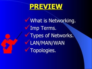 PREVIEW What is Networking. Imp Terms. Types of Networks. LAN/MAN/WAN Topologies. 