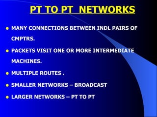 PT TO PT  NETWORKS MANY CONNECTIONS BETWEEN INDL PAIRS OF CMPTRS. PACKETS VISIT ONE OR MORE INTERMEDIATE MACHINES. MULTIPLE ROUTES . SMALLER NETWORKS – BROADCAST  LARGER NETWORKS – PT TO PT 