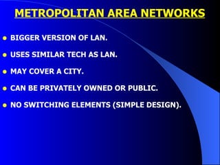 METROPOLITAN AREA NETWORKS BIGGER VERSION OF LAN. USES SIMILAR TECH AS LAN. MAY COVER A CITY. CAN BE PRIVATELY OWNED OR PUBLIC. NO SWITCHING ELEMENTS (SIMPLE DESIGN). 