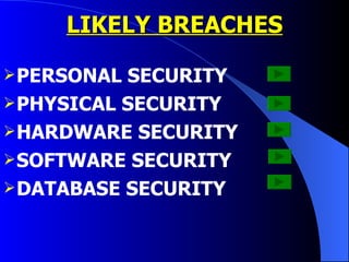 LIKELY BREACHES PERSONAL SECURITY PHYSICAL SECURITY  HARDWARE SECURITY SOFTWARE SECURITY DATABASE SECURITY 