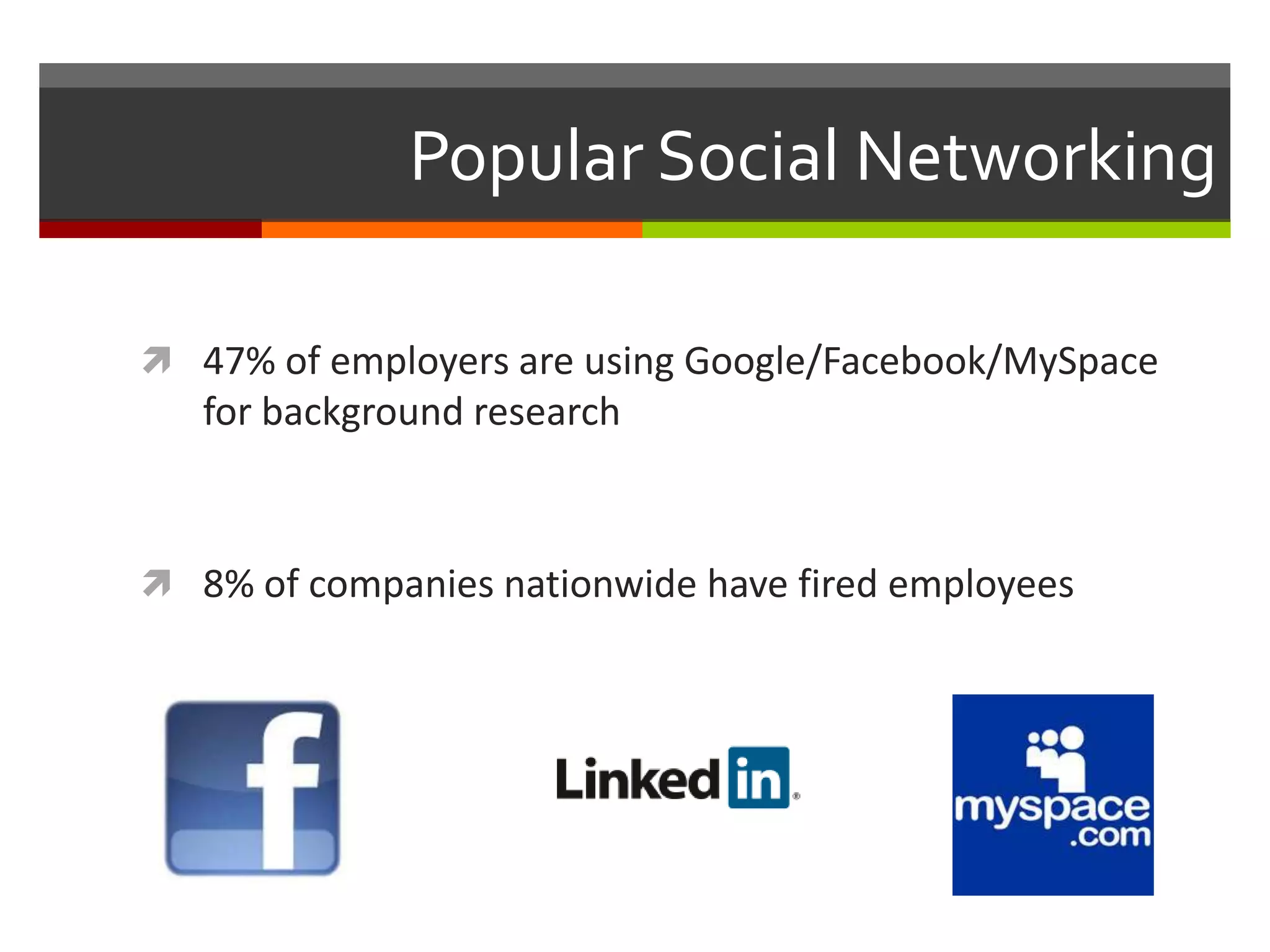Popular Social Networking47% of employers are using Google/Facebook/MySpace for background research8% of companies nationwide have fired employees