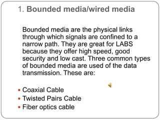 1. Bounded media/wired mediaBounded media are the physical links through which signals are confined to a narrow path. They are great for LABS because they offer high speed, good security and low cast. Three common types of bounded media are used of the data transmission. These are:Coaxial CableTwisted Pairs CableFiber optics cable