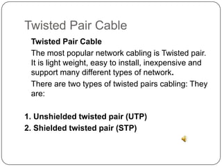 Twisted Pair Cable	Twisted Pair Cable	The most popular network cabling is Twisted pair. It is light weight, easy to install, inexpensive and support many different types of network. There are two types of twisted pairs cabling: They are:1. Unshielded twisted pair (UTP)2. Shielded twisted pair (STP)