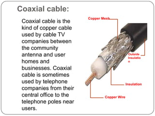 Coaxial cable:Copper Mesh	Coaxial cable is the kind of copper cable used by cable TV companies between the community antenna and user homes and businesses. Coaxial cable is sometimes used by telephone companies from their central office to the telephone poles near users.Outside InsulationInsulationCopper Wire