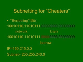 Subnetting for “Cheaters” “ Borrowing” Bits 10010110.11010111 .00000000.00000000 network  Users 10010110.11010111 . 0000 0000.00000000 borrow IP=150.215.0.0 Subnet= 255.255.240.0 