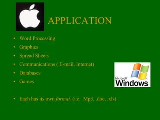 APPLICATION Word Processing Graphics Spread Sheets Communications ( E-mail, Internet) Databases Games Each has its own  format   (i.e.  Mp3, .doc, .xls) 