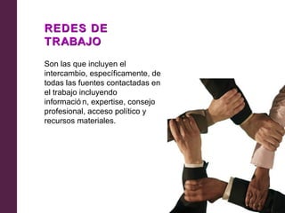 REDES DE
TRABAJO
Son las que incluyen el
intercambio, específicamente, de
todas las fuentes contactadas en
el trabajo incluyendo
informació n, expertise, consejo
profesional, acceso político y
recursos materiales.
 