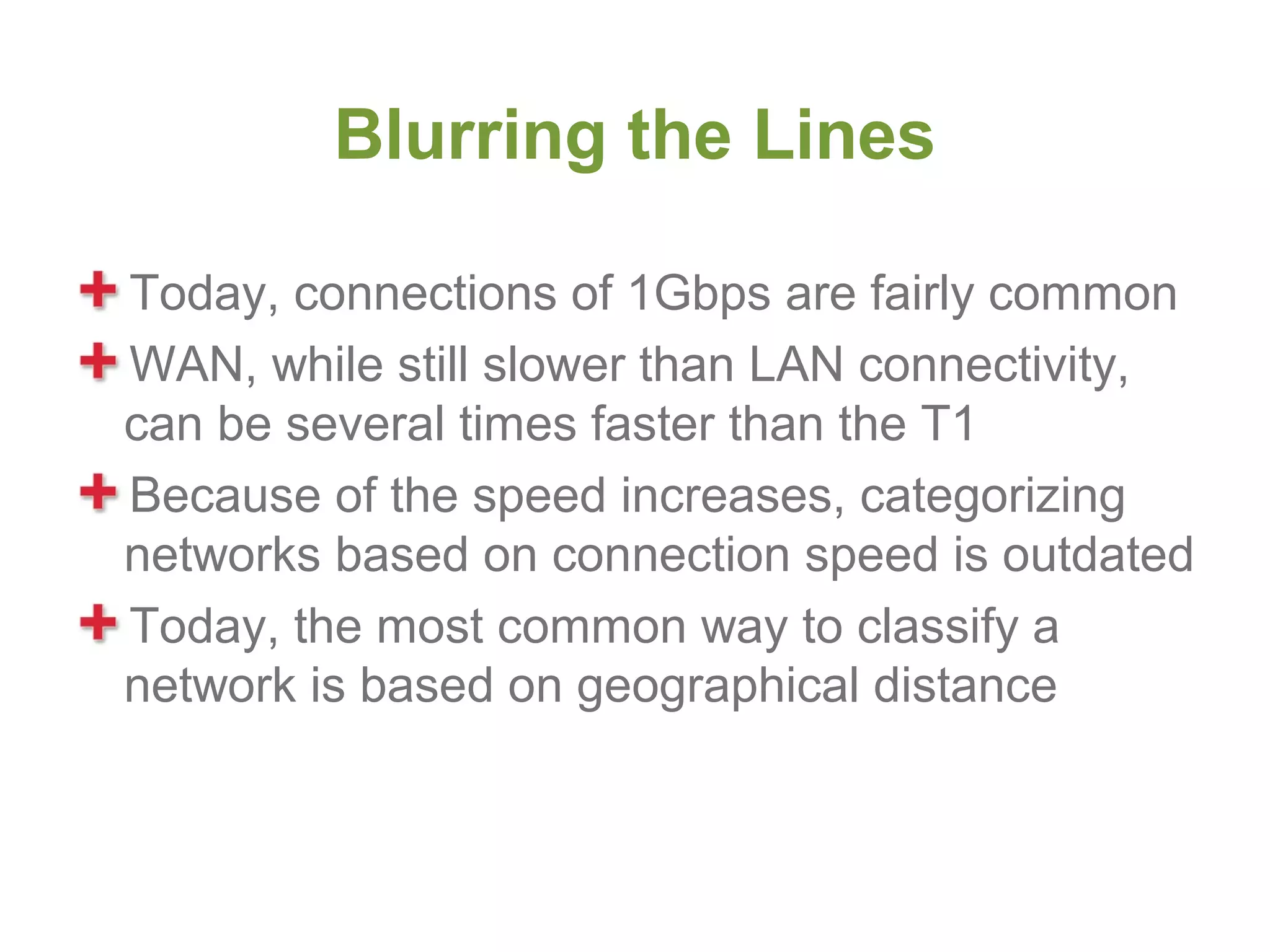Blurring the Lines

Today, connections of 1Gbps are fairly common
WAN, while still slower than LAN connectivity,
can be several times faster than the T1
Because of the speed increases, categorizing
networks based on connection speed is outdated
Today, the most common way to classify a
network is based on geographical distance
 