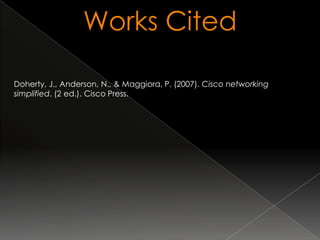 Works Cited

Doherty, J., Anderson, N., & Maggiora, P. (2007). Cisco networking
simplified. (2 ed.). Cisco Press.
 