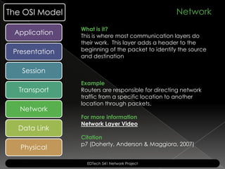 The OSI Model                                      Network
                What is it?
 Application    This is where most communication layers do
                their work. This layer adds a header to the
 Presentation   beginning of the packet to identify the source
                and destination

   Session
                Example
  Transport     Routers are responsible for directing network
                traffic from a specific location to another
                location through packets.
   Network
                For more information
                Network Layer Video
  Data Link
                Citation
                p7 (Doherty, Anderson & Maggiora, 2007)
   Physical

                  EDTech 541 Network Project
 