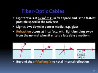Fiber-Optic Cables
 Light travels at 3108 ms-1 in free space and is the fastest
  possible speed in the Universe
 Light slows down in denser media, e.g. glass
 Refraction occurs at interface, with light bending away
  from the normal when it enters a less dense medium




 Beyond the critical angle  total internal reflection

                                                            10
 