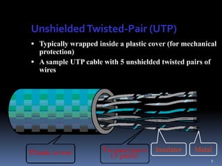 Unshielded Twisted-Pair (UTP)
 Typically wrapped inside a plastic cover (for mechanical
  protection)
 A sample UTP cable with 5 unshielded twisted pairs of
  wires




                                      Insulator    Metal
                                                          8
 