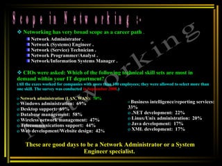Scope in Networking :- Networking Networking has very broad scope as a career path  . Network Administrator . Network (Systems) Engineer .  Network (Service) Technician .  Network Programmer/Analyst .  Network/Information Systems Manager .  CIOs were asked: Which of the following technical skill sets are most in demand within your IT department?  (All the execs worked for companies with more than 100 employees; they were allowed to select more than one skill. The survey was conducted  in September 2008 .)  Network administration (LAN, WAN):   70%   Windows administration:  69%  Desktop support:  69%  Database management:  58%  Wireless network management:  47%  Telecommunications support:  44%  Web development/Website design:  42 %  Business intelligence/reporting services:  33%  .NET development:  22%  Linux/Unix administration:  20%  Java development:  17%  XML development:  17%  These are good days to be a Network Administrator or a System Engineer specialist.   