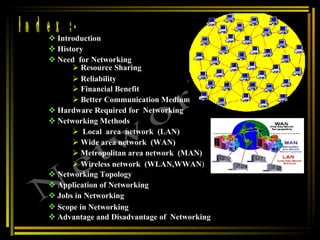 Networking Index :- Introduction  Resource Sharing Networking Methods Local  area  network  (LAN)  Hardware Required for  Networking Networking Topology  Scope in Networking   Need  for Networking History  Jobs in Networking  Application of Networking Wide area network  (WAN) Metropolitan area network  (MAN) Wireless network  (WLAN,WWAN ) Reliability Financial Benefit Better Communication Medium Advantage and Disadvantage of  Networking 