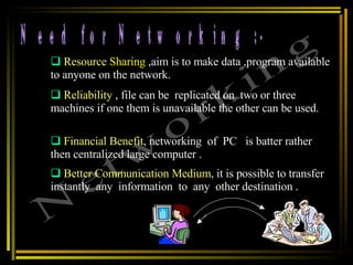 Need for Networking :- Networking Resource   Sharing  ,aim is to make data ,program available to anyone on the network. Reliability  , file can be  replicated on  two or three machines if one them is unavailable the other can be used.  Financial Benefit , networking  of  PC  is batter rather then centralized large computer .  Better Communication Medium , it is possible to transfer  instantly  any  information  to  any  other destination . 