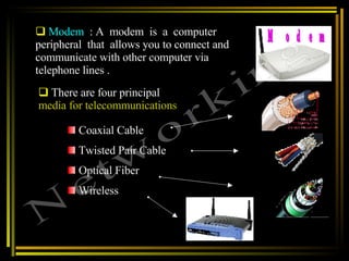 Modem  : A  modem  is  a  computer peripheral  that  allows you to connect and communicate with other computer via telephone lines . Modem There are four principal  media for telecommunications   Coaxial Cable Twisted Pair Cable  Optical Fiber  Wireless  Networking 