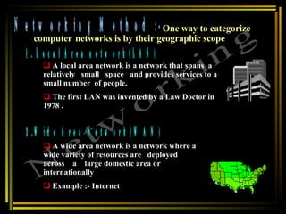 Networking Method :- Networking 1. Local Area network(LAN) 2.Wide Area Network(WAN) WAN Devices One way to categorize computer   networks is by their geographic scope  A local area network is a network that spans  a  relatively  small  space  and provides services to a small number  of people.  The first LAN was invented by a Law Doctor in 1978 . A wide area network is a network where a wide variety of resources are  deployed  across  a  large domestic area or internationally  Example :- Internet 