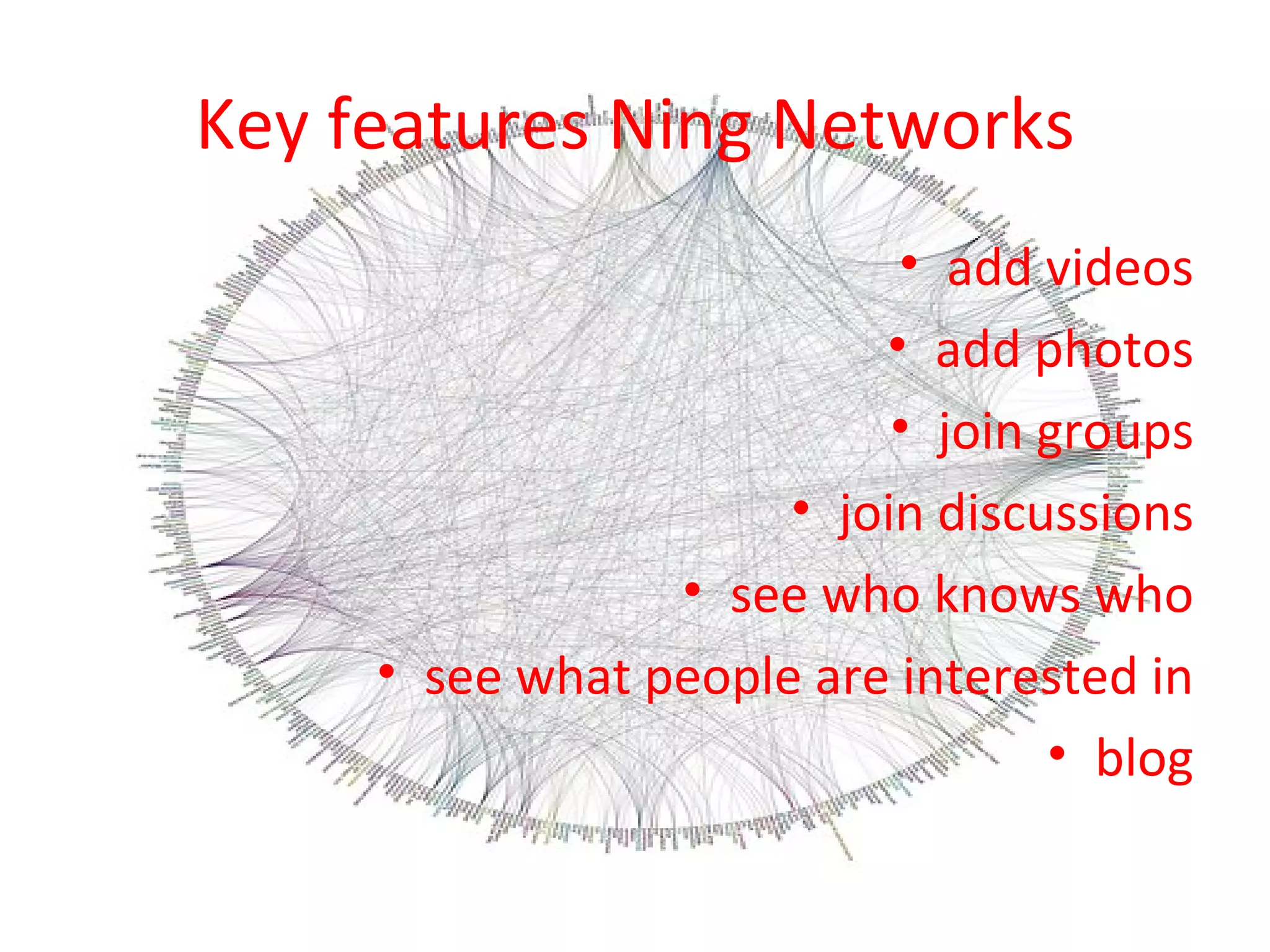 Key features Ning Networks add videos add photos join groups join discussions see who knows who see what people are interested in blog 
