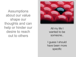 Assumptions
about our value
shape our
thoughts and can
help or hinder our
desire to reach
out to others
All my life I
wanted to be
someone..
I guess I should
have been more
speciﬁc
 