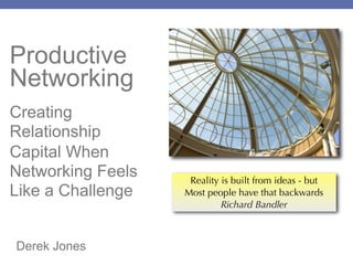 Productive
Networking
Creating
Relationship
Capital When
Networking Feels
Like a Challenge
Derek Jones
Reality is built from ideas - but
Most people have that backwards
Richard Bandler
 