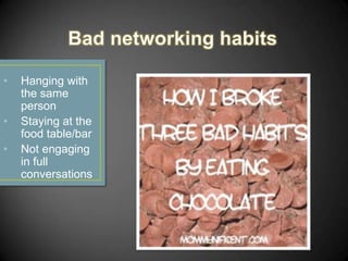 •
•
•

Hanging with
the same
person
Staying at the
food table/bar
Not engaging
in full
conversations

 